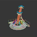 Red And Blue Tower Shaped Building With Circular Platform Railings And People