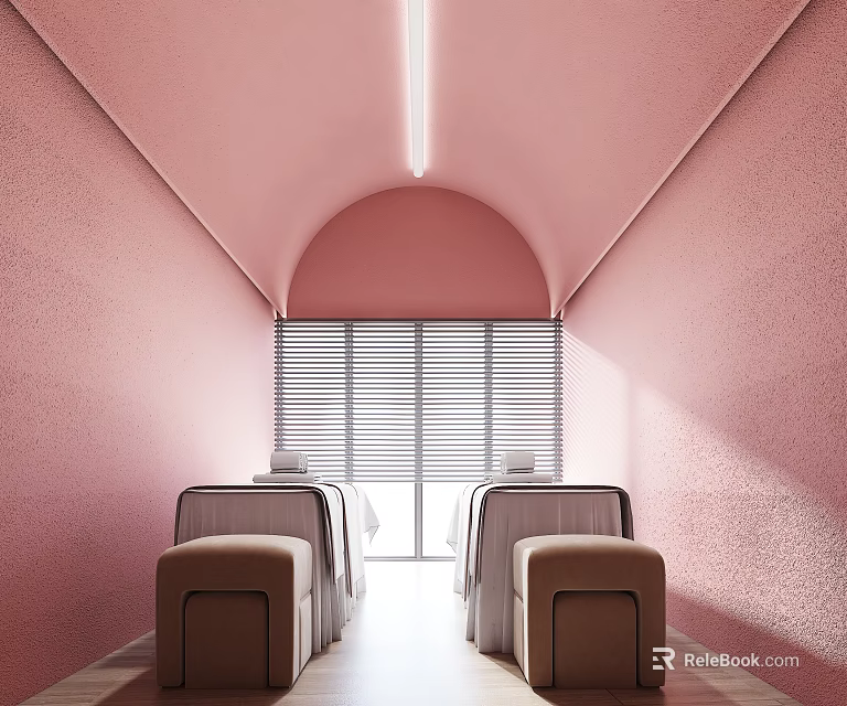 Beauty Salon Interior With Pink Walls Arched Ceiling Seating And Bright Window Blinds 3d model 