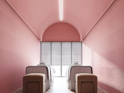 Beauty Salon Interior With Pink Walls Arched Ceiling Seating And Bright Window Blinds 3d model