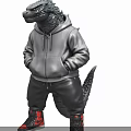 Godzilla Wearing Gray Hoodie Black Pants And Red Sneakers With Tail