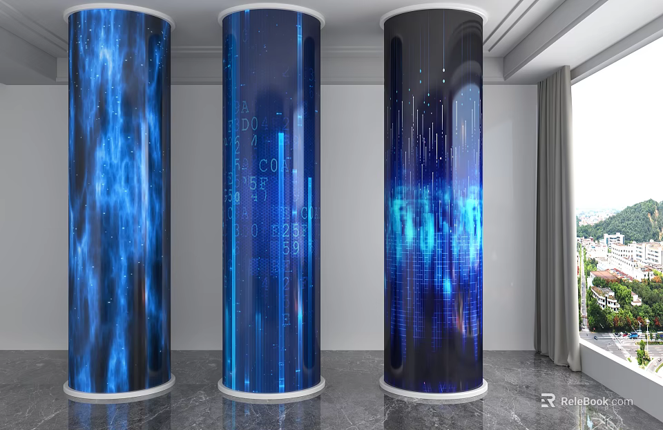 Modern Interior Columns With Blue Colored Lights Dynamic Effects And Digital Data Codes 3d model 
