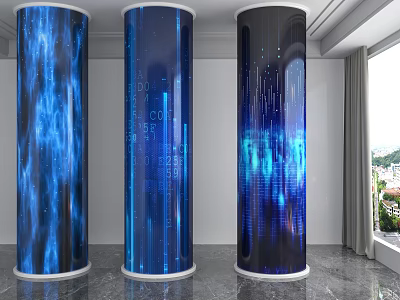 Modern Interior Columns With Blue Colored Lights Dynamic Effects And Digital Data Codes 3d model