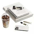 Modern Decorative Ornament Set with Iced Drink Cup Paper Notebook Stationery and Vintage Camera