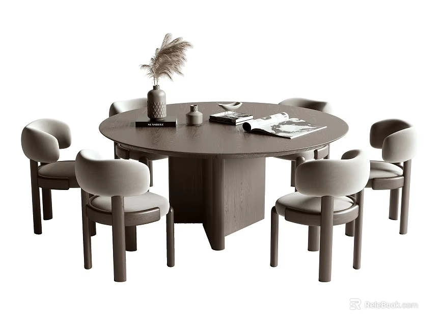 Modern Round Dining Table Set With Six Chairs Feather Vase And Magazines 3d model