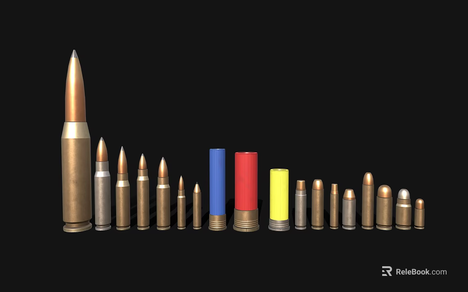 Collection of Various Size Colorful Bullets as Weapon Ammunition on Black Background 3d model 