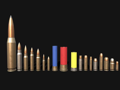 Collection of Various Size Colorful Bullets as Weapon Ammunition on Black Background 3d model