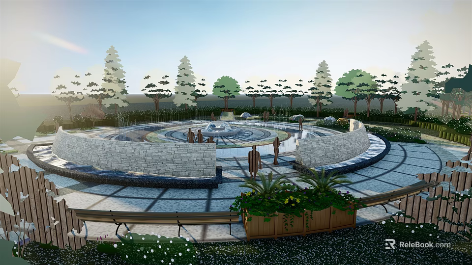 Scenic Park Landscape With Circular Fountain Surrounding Trees Stone Benches And People 3d model 