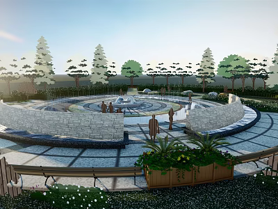 Scenic Park Landscape With Circular Fountain Surrounding Trees Stone Benches And People 3d model