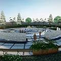 Scenic Park Landscape With Circular Fountain Surrounding Trees Stone Benches And People