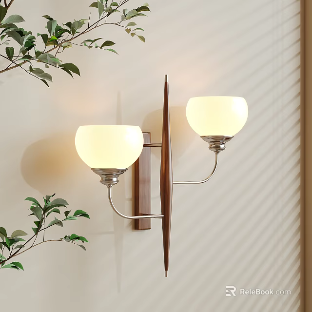 Modern Wall Lamp With Two Globe Shades Metal Frame Soft Lighting And Green Leaves 3d model 
