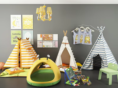 Colorful Kids Tents Striped Teepee And Inflatable Designs With Toys Clothes Posters And Chandelier 3d model