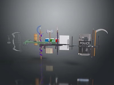 3D Render Of Weapons Bow Arrow Scythe With Reflective Surface 3d model