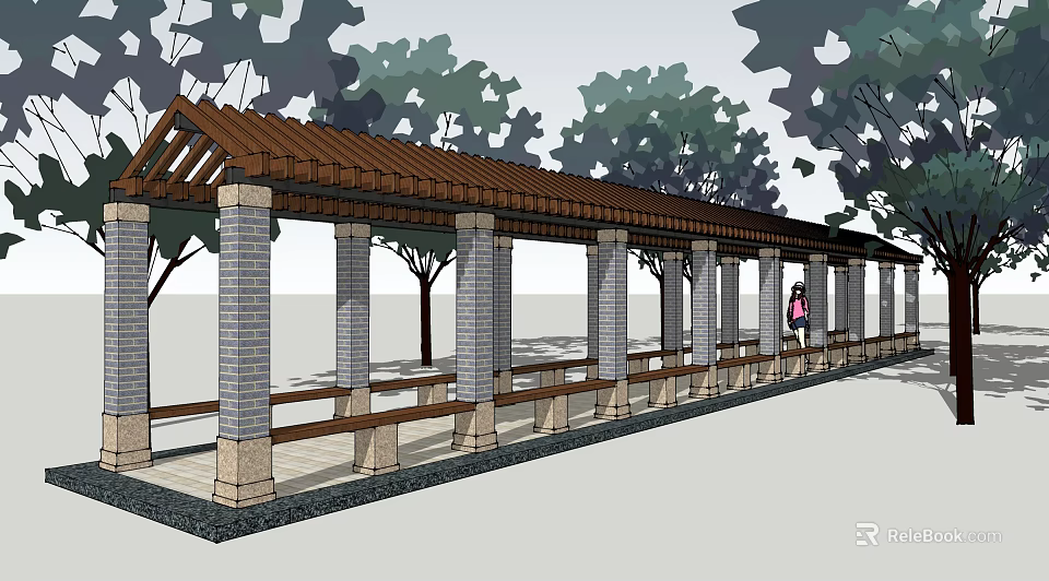Outdoor Pergola With Stone Columns Brown Tile Roof Green Trees And Wooden Benches 3d model 