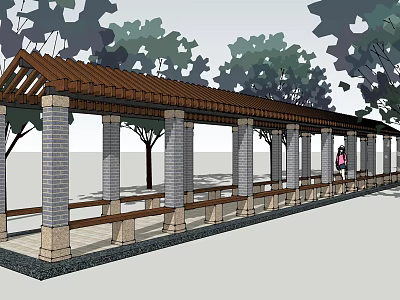 Outdoor Pergola With Stone Columns Brown Tile Roof Green Trees And Wooden Benches 3d model