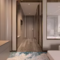 Modern Hotel Room With Wooden Walls Large Window Comfortable Bed Blue Sofa And Patterned Carpet