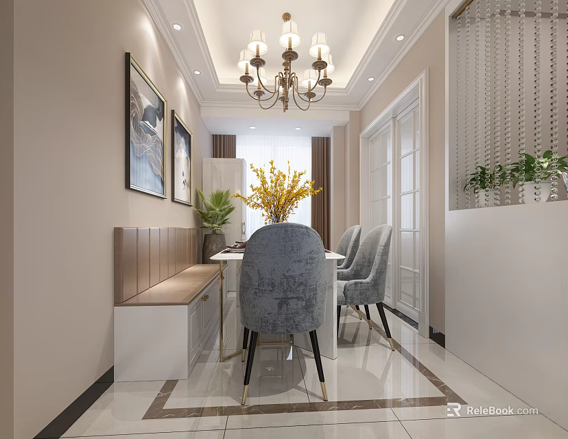 Elegant Restaurant Interior With Chandelier Gray Chairs Bench And Yellow Flower Vase 3d model 