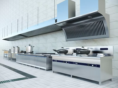 Modern Commercial Kitchen Interior With Stainless Steel Stoves Hoods And Appliances 3d model
