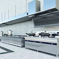 Modern Commercial Kitchen Interior With Stainless Steel Stoves Hoods And Appliances
