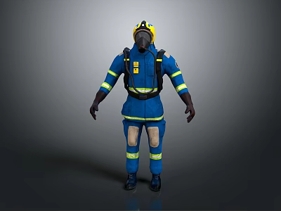 Game and Movie Character in Blue Firefighter Uniform With Yellow Stripes Helmet Mask and Equipment 3d model