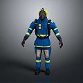 Game and Movie Character in Blue Firefighter Uniform With Yellow Stripes Helmet Mask and Equipment