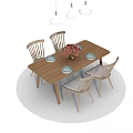 Rectangular Wooden Dining Table Set With Four Chairs Vase Red Flowers And Pendant Lights 3d model