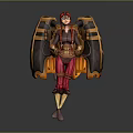 Steampunk Female Character with Red Hair Goggles and Mechanical Wings in Red and Yellow Outfit