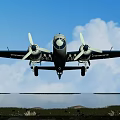Twin Propeller Passenger Plane Flying with Landing Gear in Blue Sky and White Clouds