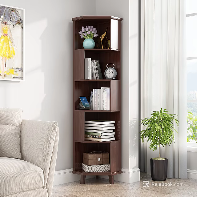 Modern Wooden Bookcase with Books Clock Vase Storage Box and Stacked Books in Living Room 3d model 