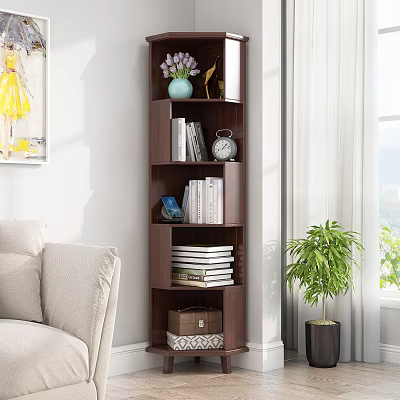 Modern Wooden Bookcase with Books Clock Vase Storage Box and Stacked Books in Living Room 3d model