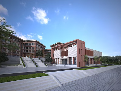 Modern Multi Story Campus School Building With Stone Steps Lawn Trees And Entrance 3d model
