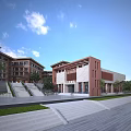 Modern Multi Story Campus School Building With Stone Steps Lawn Trees And Entrance