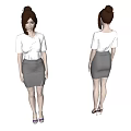 Woman In White Blouse And Gray Skirt With Purple High Heels Front And Back Views