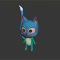 Cute Blue Cartoon Cat With Big Eyes White Tipped Tail And Green Bow Tie