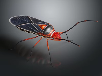 Red Headed Insect Featuring Black Wings Red And Black Body Long Red Legs Shiny Surface 3d model