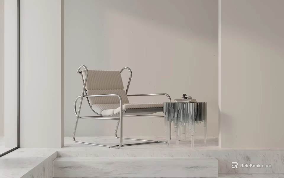 Modern Lounge Chair With Metal Frame And Light Cushion By Glass Side Table 3d model 