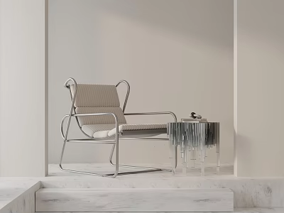 Modern Lounge Chair With Metal Frame And Light Cushion By Glass Side Table 3d model