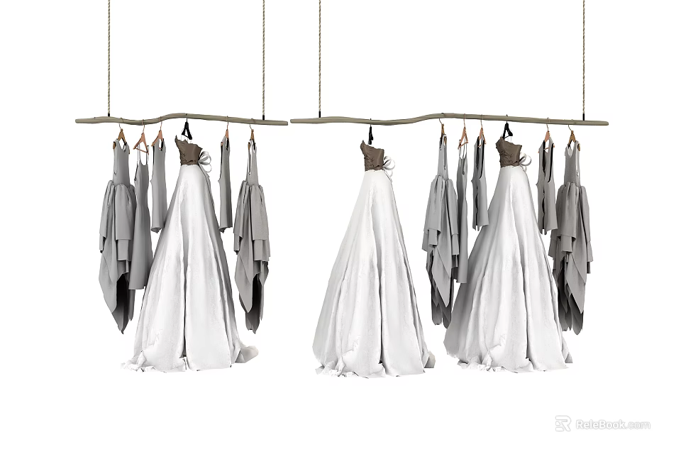 White Gowns And Gray Clothes Hanging On Racks 3d model 
