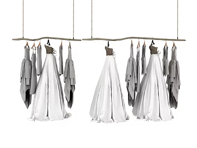 White Gowns And Gray Clothes Hanging On Racks 3d model
