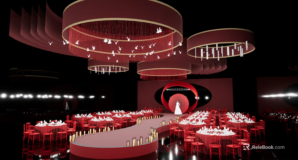 Elegant Red Themed Banquet Hall With Circular Chandeliers And White Tablecloths Setup 3d model 