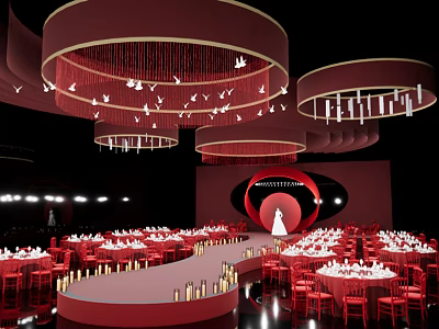 Elegant Red Themed Banquet Hall With Circular Chandeliers And White Tablecloths Setup 3d model