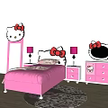 Cute Hello Kitty Themed Kids Bed Pink With Bow Accent Nightstands Purple Lamps And Mirror