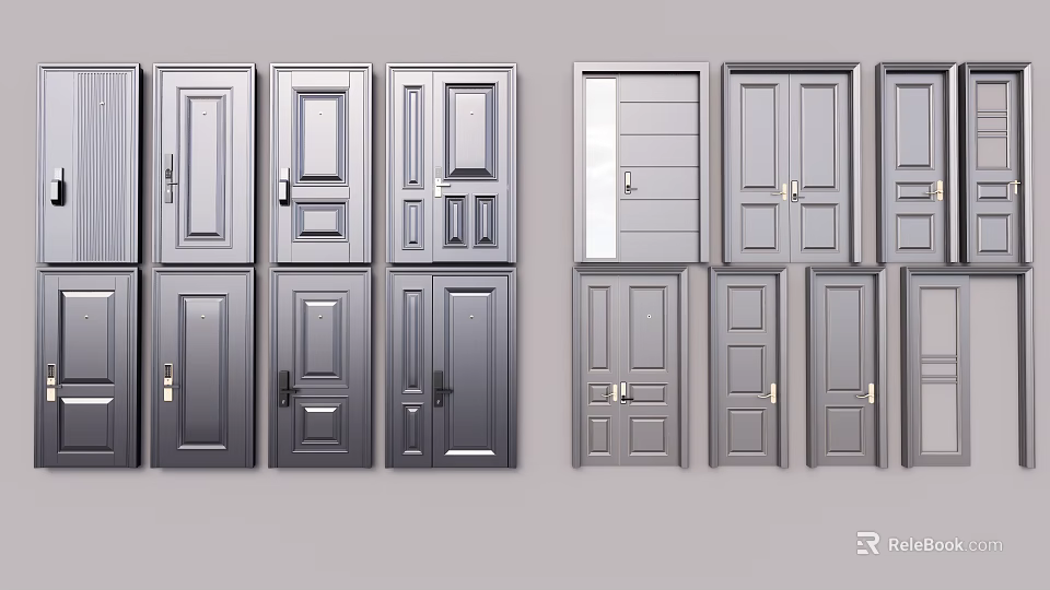 Various Modern Security Doors With Different Panel Designs And Lock Features 3d model