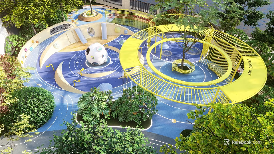 Kids Play Area with Circular Blue Flooring Yellow Railings Green Plants and White Spherical Structure 3d model 