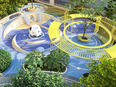 Kids Play Area with Circular Blue Flooring Yellow Railings Green Plants and White Spherical Structure 3d model