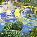 Kids Play Area with Circular Blue Flooring Yellow Railings Green Plants and White Spherical Structure