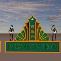 Paramount Ballroom Vintage Decoration With Green Gold Design And Attendants Under Blue Sky Clouds