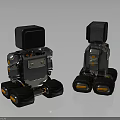 Two Mechanical Robots With Screen Heads Large Wheels And Black Silver Orange Details