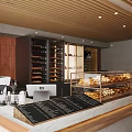 Modern Dessert Shop Interior With Glass Display Cases And Wooden Ceiling Lighting