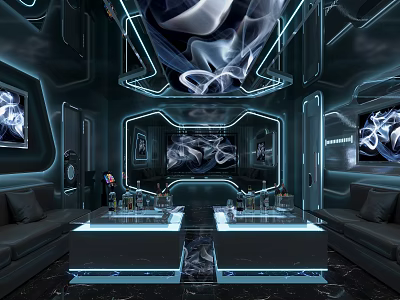 Futuristic KTV Private Room Interior With Sofas And Illuminated Tables 3d model