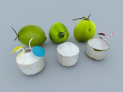 Fresh Green Whole And Halved Coconuts With Straws And Decorative Umbrellas 3d model